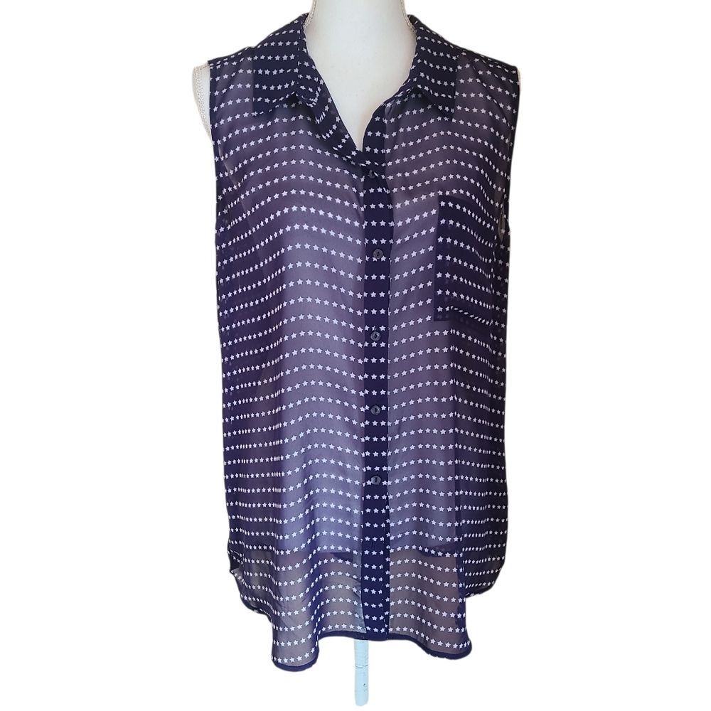 liz claiborne star print sleeveless blouse semi sheer navy & white size XL